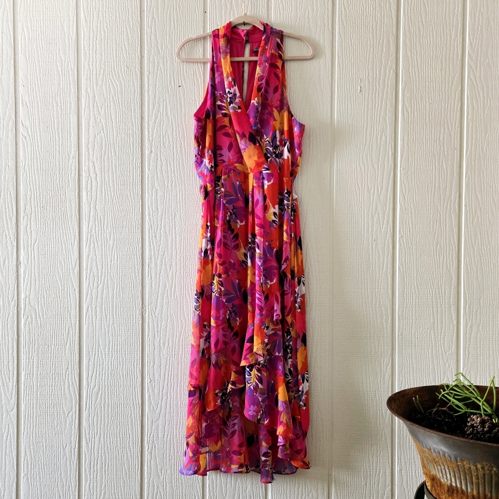 JULIA JORDAN Fushia Floral Halter V Neck Surplice Faux Wrap Sleeveless Belted 12 - Picture 2 of 10